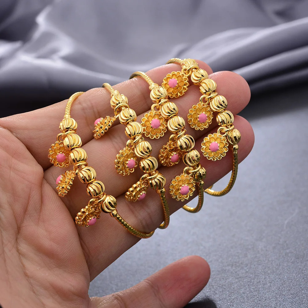 4pcs/Lot Dubai Gold Color Bangles For Baby Chind 3-12Years Girls Flower Wedding Bracelet Bangles Africa Arab Jewelry 240315