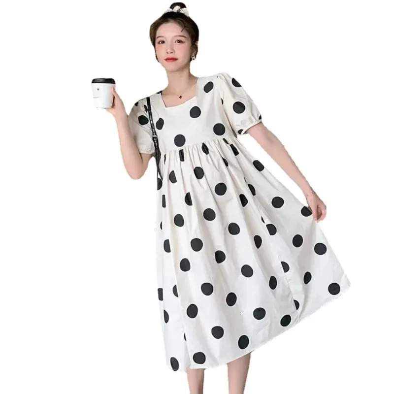 Summer Korean Fashion Polka Dot Printed Maternity Long Dress Casual A Line Loose Clothes for Pregnant Women Pregnancy Vestidos 240309