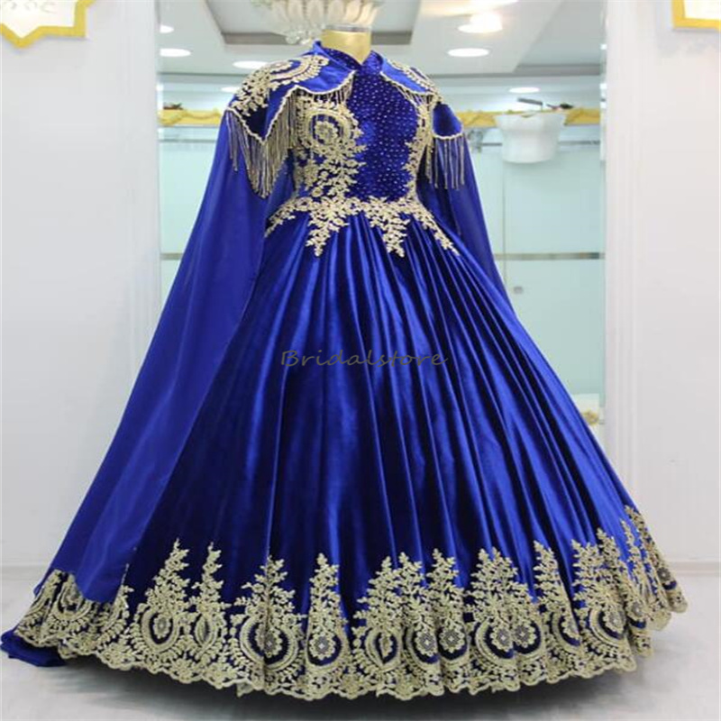 Luxury Green Red Muslimah Wedding Dress Turkish Islamic High Neck Muslim Bridal Gowns Beaded Gold Appliques Arabian Dubai Gothic Bride Dress Medieval 