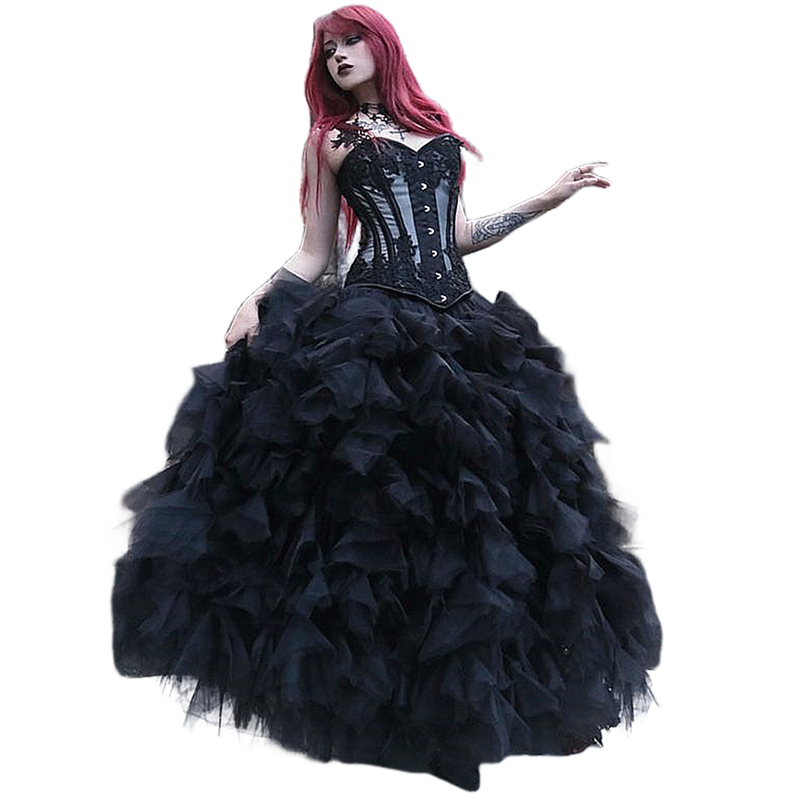 Vintage Black Gothic Wedding Dresses Ruffle Tiered Tulle Ball Gown Bridal Gown Lace Appliques Sweetheart Corset Lace-Up Back Floor Length Women Masque