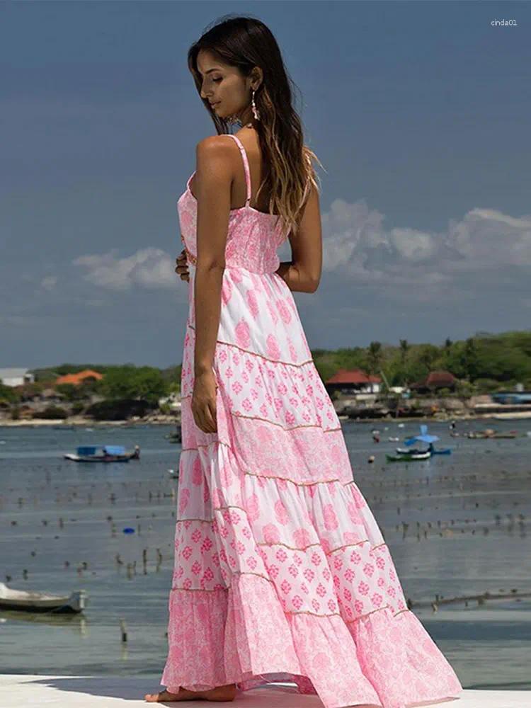 Casual Dresses Print Ruffles Oversized Hem Women Dress Fashion Loose Long Backless Sling Vestidos Spring Summer Beach Female Robe AA Discount for in-s