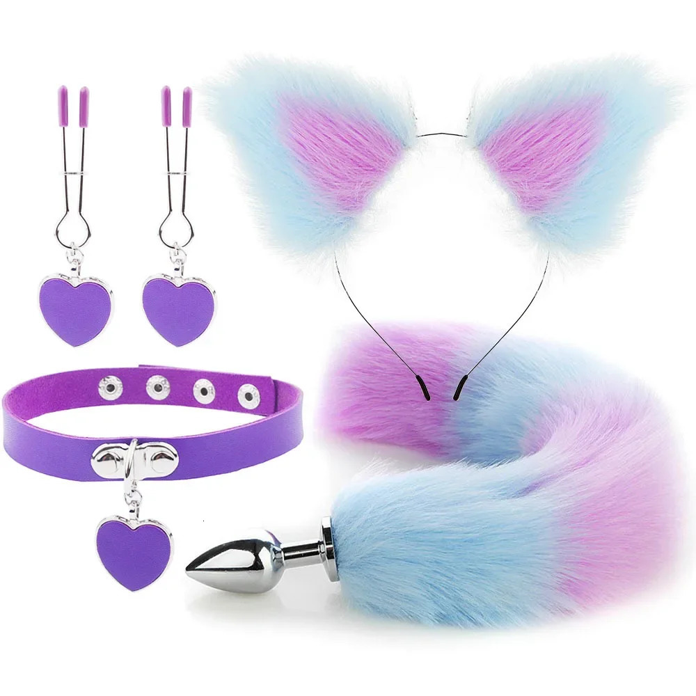 Anal Sex Toys Fox Tail Butt Plug Sexy Plush Cat Ear Headband With Bells Necklace Set Massage Sex toys For Women Couples Cosplay 240325