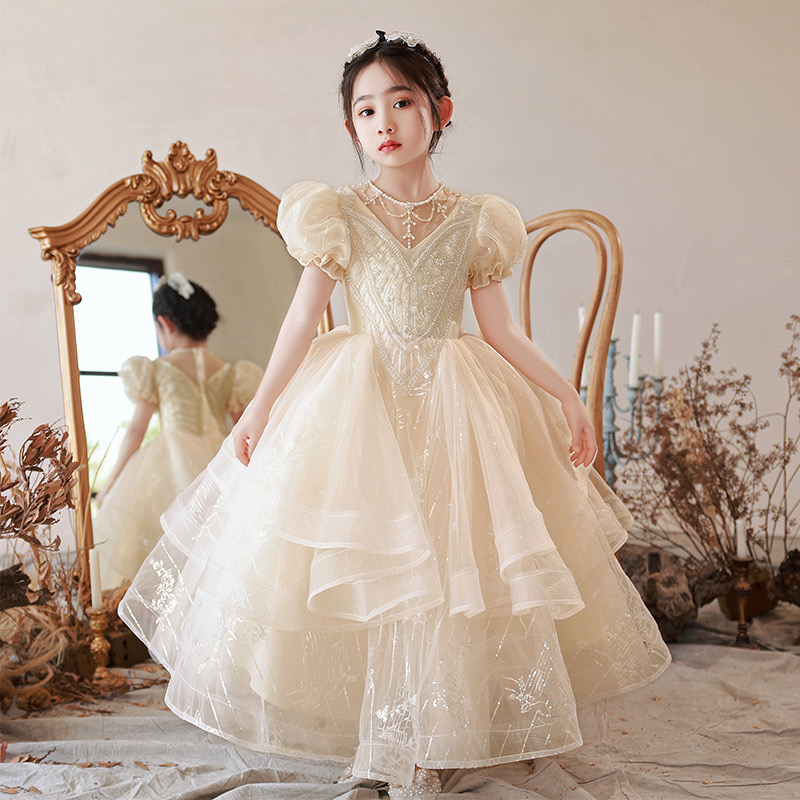 girl pageant Flower Girl Scoop Neck Puff Girls Party Dresses for Wedding princess sequined Short Sleeves Tulle Kids Christmas Ceremonial Dress