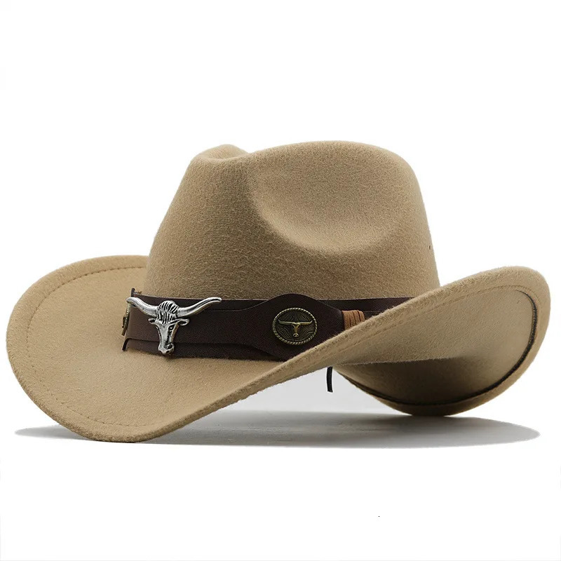 Western Cowboy Hat 3 Sizes Black Woolen Jazz Top Hat Men Ethnic Style Cow Head Ribbon Felt Cap Women Children Riding Fedora Hat 240312