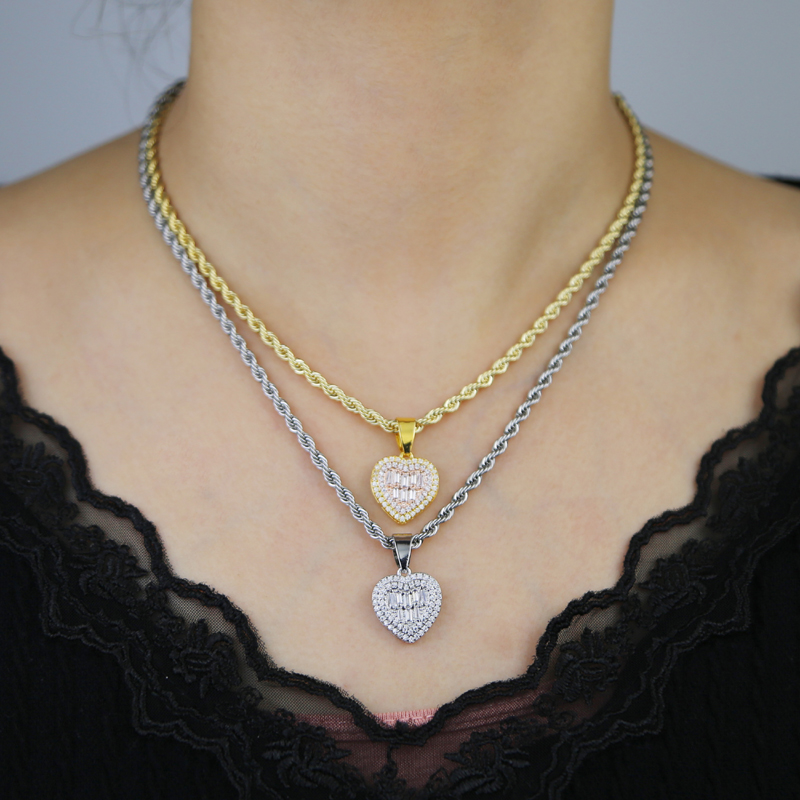 Bling CZ Paved Heart Pendant Necklace Iced Out Cubic Zirconia Hearts Charm Women Lover Hip Hop Wedding Jewelry