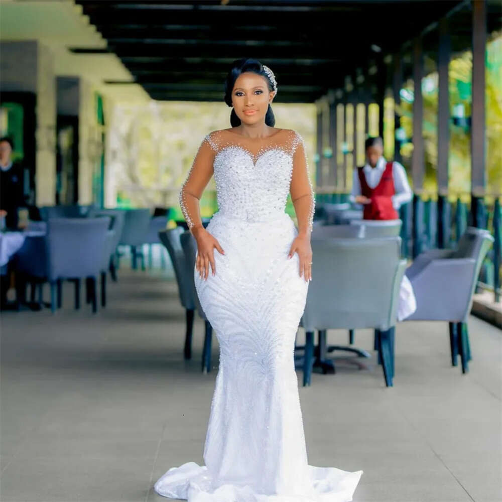 Ebi Arabic Aso Nov Plus Size Sequined Lace Mermaid Wedding Dress Beaded Pearls Sexy Bridal Gowns Dresses ZJ Es