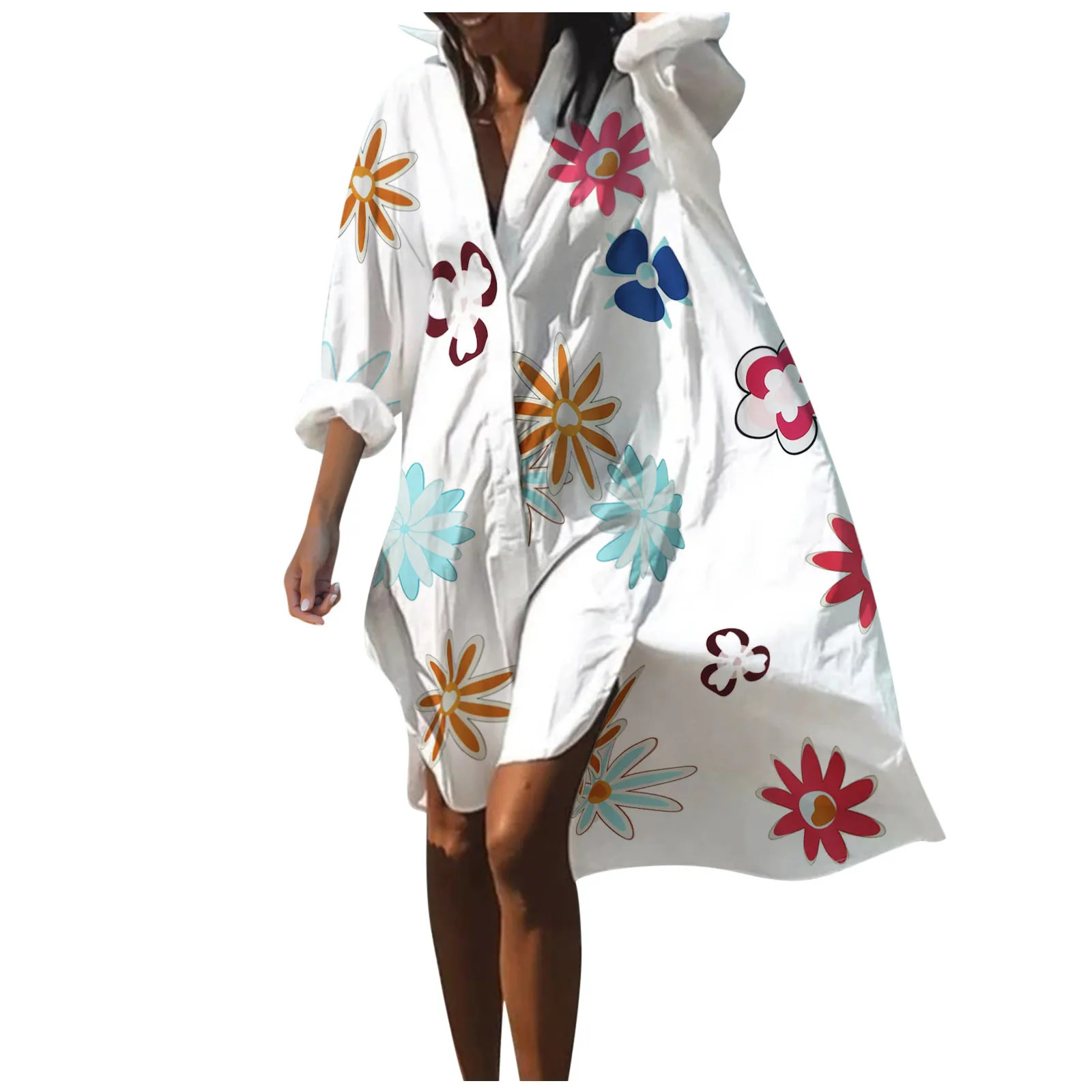 Beach Dress Bikini CoverUp Women 2023 Bohemian Printed Beachwear Robe VNeck Long Sleeve Swim Wear Cover Ups Loose Sundress 240320