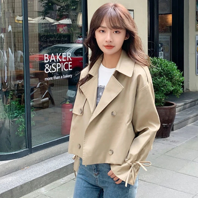 Cropped Trench Women Coats Elegant Baggy Temper S-3XL Vintage Notched Double Breasted Windproof Long Sleeve Spring Kpop Fashion 240312