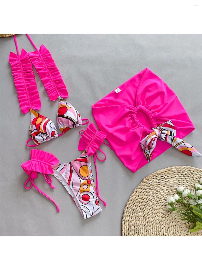 Women's Swimwear Printed Ruffled Frilled With Skirt Bikini Female Swimsuit Women Three-pieces Set Bather Bathing Suit Swim K5231
