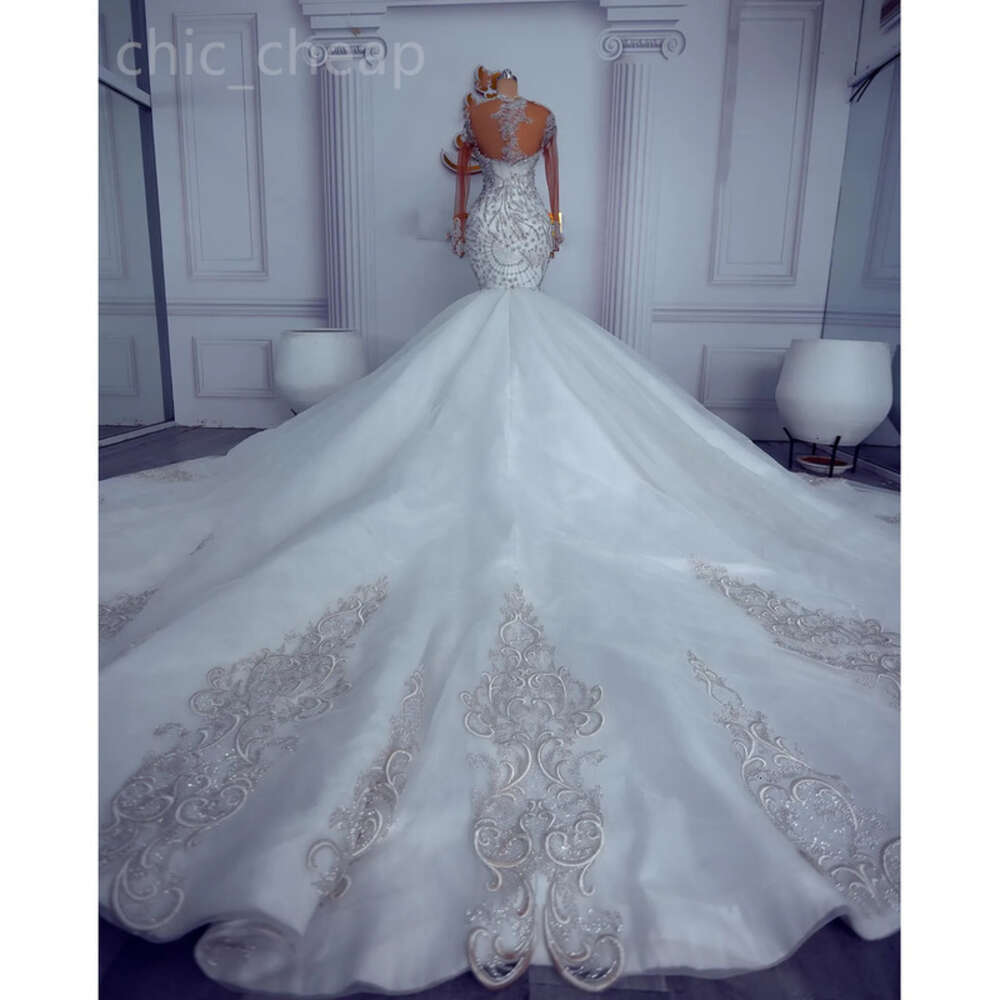 Plus Ebi Arabic Aso Size Ivory Mermaid Wedding Dress Beaded Crystals Lace Sheer Neck Bridal Gowns Dresses ZJ Es 6660306
