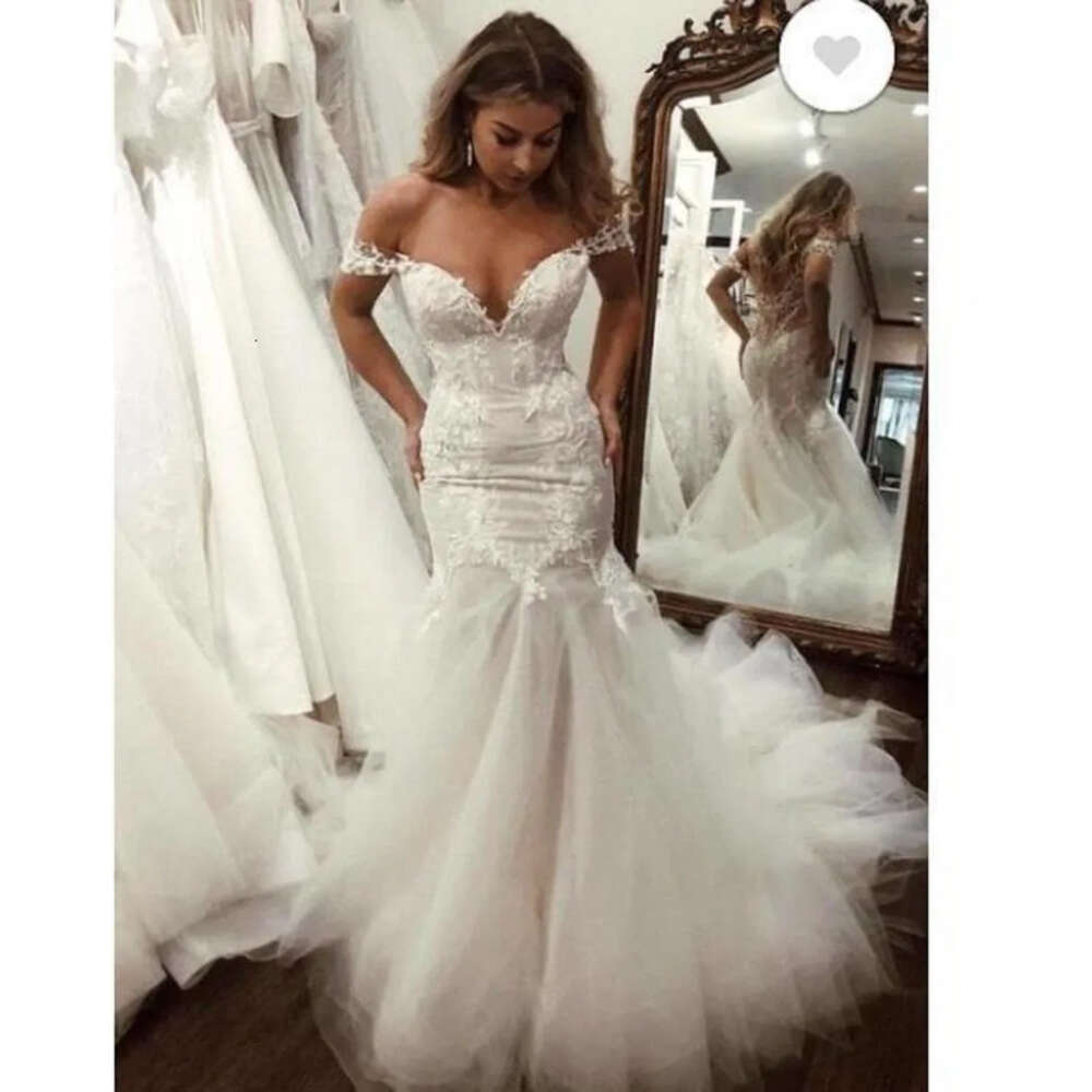 Mermaid Gorgeous Dresses Lace Sexy Off Shoulder Backless Appliqued Ruched Long Tulle Bridal Wedding Gowns BC