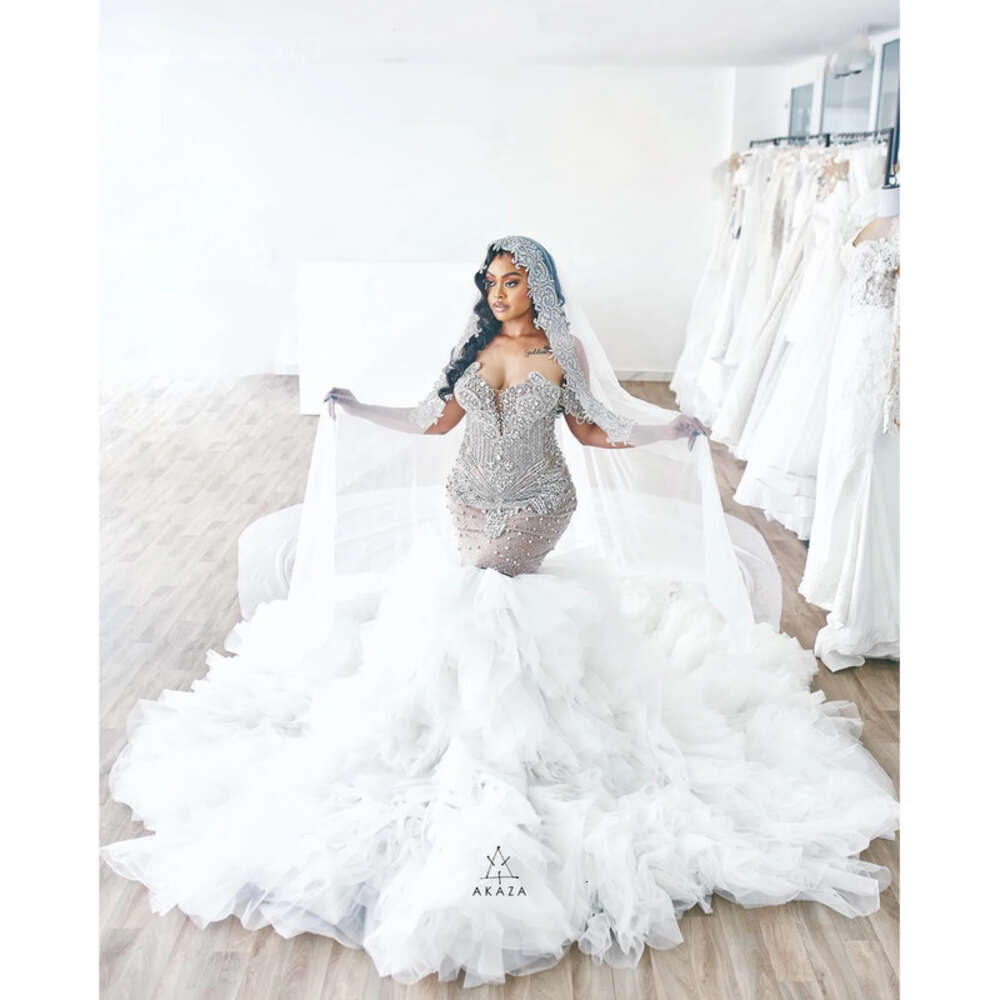 Plus Arabic Aso Ebi Size Urious Mermaid Wedding Dress Beaded Crystals Tulle Detachable Train Tiers Bridal Gowns Dresses ZJ Es 0618
