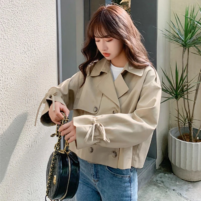 Cropped Trench Women Coats Elegant Baggy Temper S-3XL Vintage Notched Double Breasted Windproof Long Sleeve Spring Kpop Fashion 240312