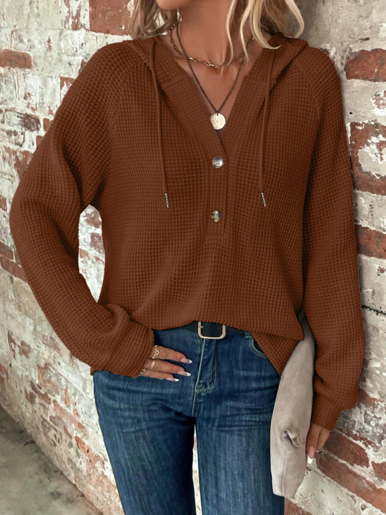 autumnwinter solid color hooded button loose long sleeved hoodie for women 240318