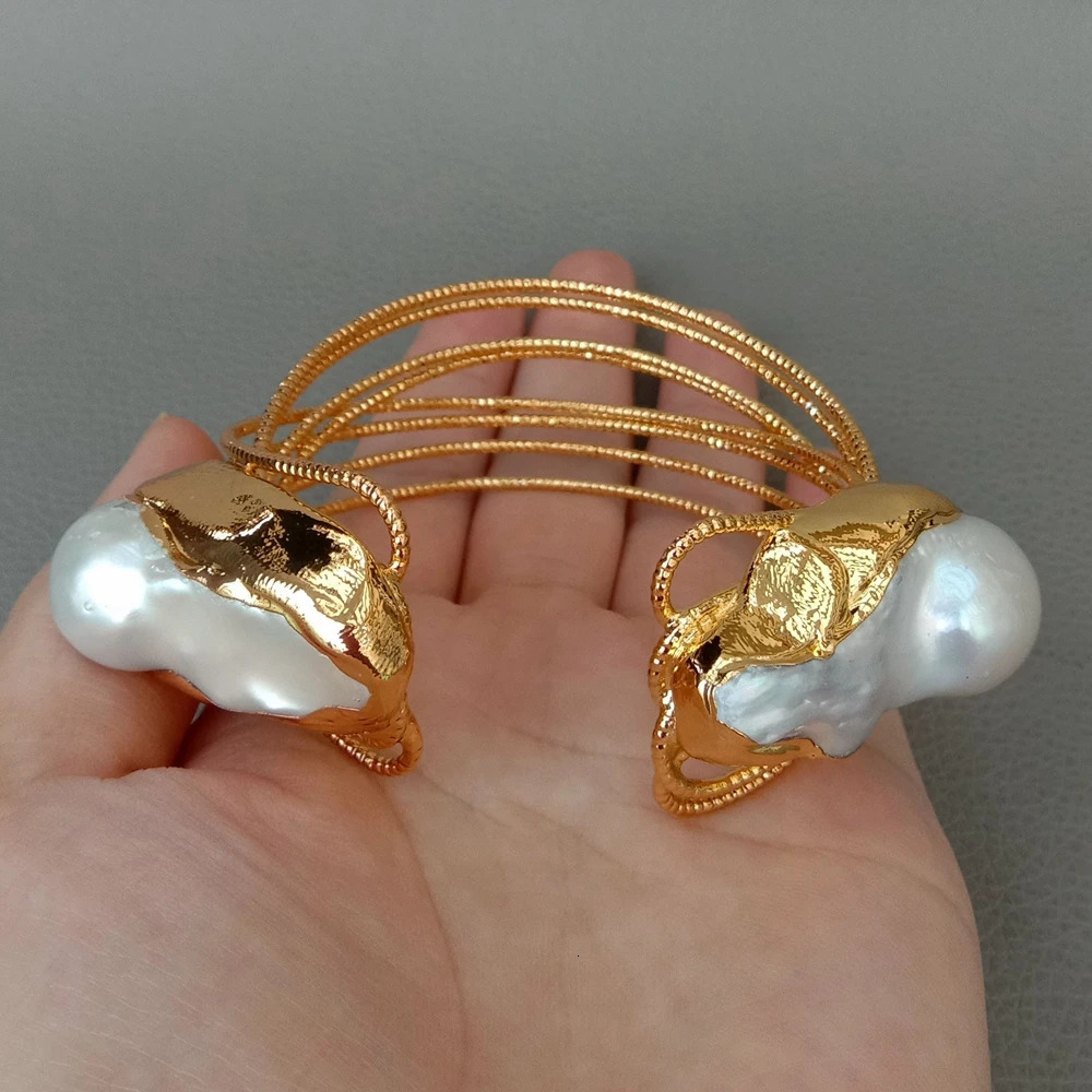 YYING Cultured White Keshi Pearl Bangle Gold color Plated Bracelet 240318