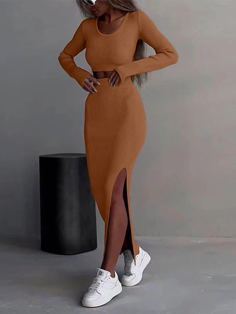 Spring Two Piece Set Knitted Sweater Skirt Suit Streetwear Fashion Long Sleeve Sexy Slim Crop Tops Split Dress 240315