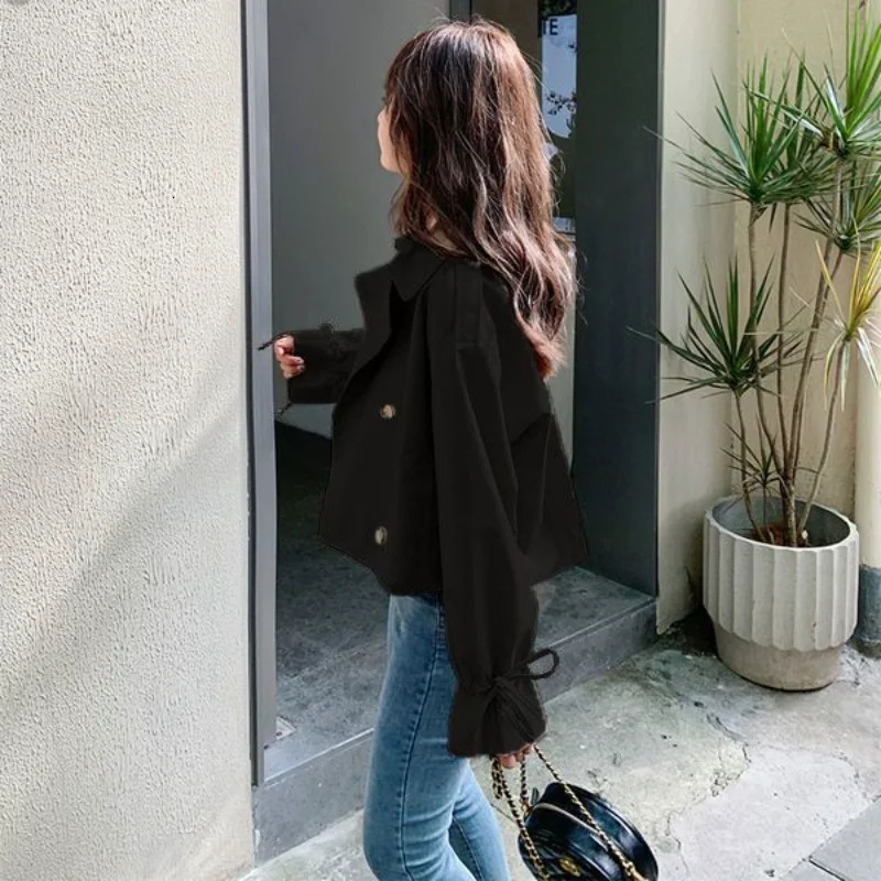 Cropped Trench Women Coats Elegant Baggy Temper S-3XL Vintage Notched Double Breasted Windproof Long Sleeve Spring Kpop Fashion 240312