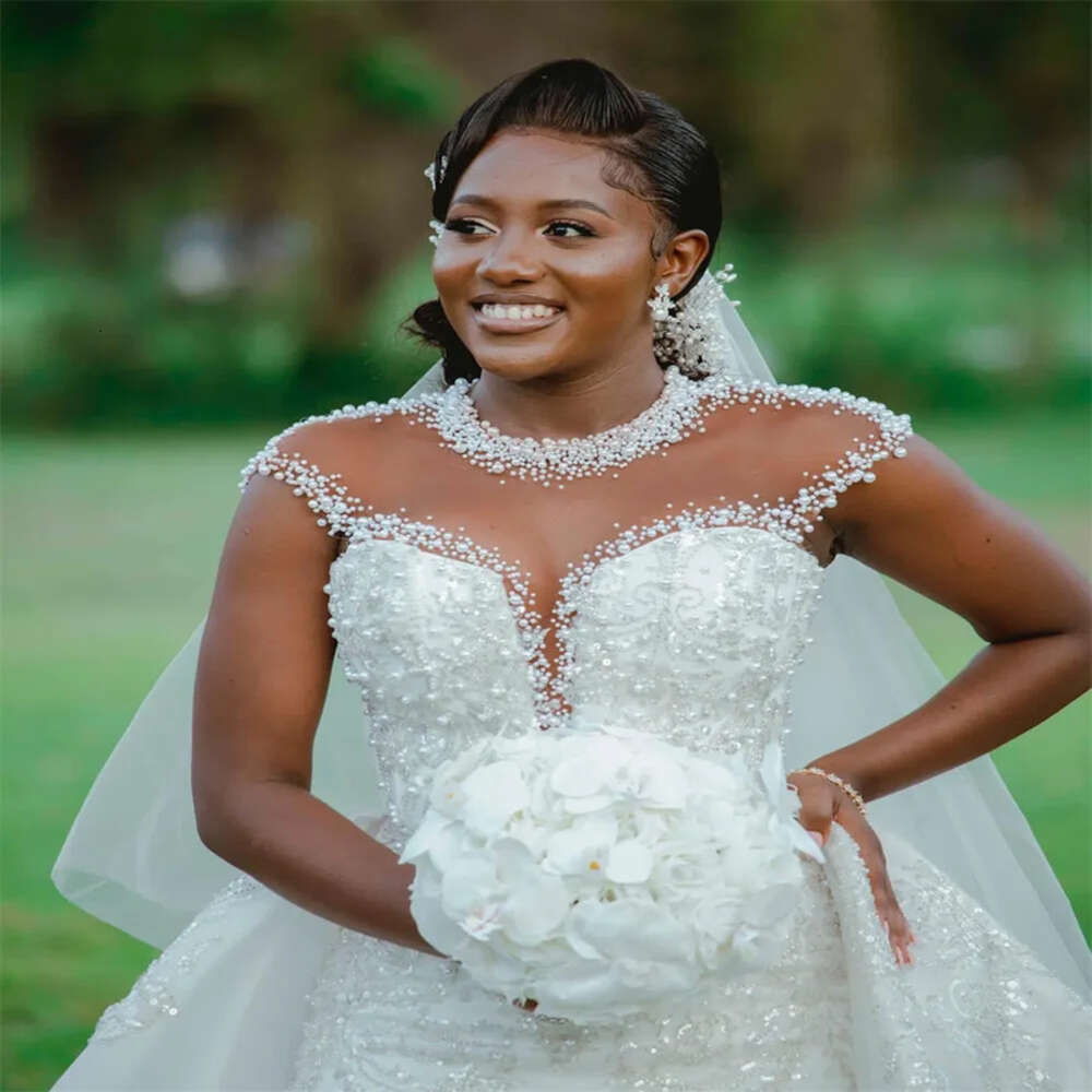 Nov Ebi Aso Arabic Plus Size White Mermaid Wedding Dress Pearls Sequined Lace Detachable Train Bridal Gowns Dresses ZJ Es