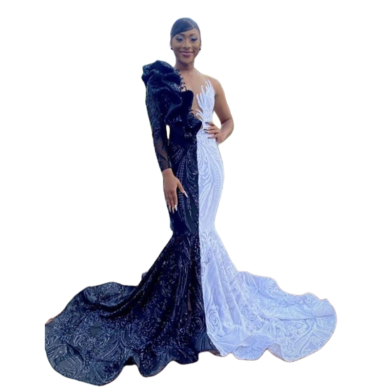 Modern Black And White Sequined Mermaid Prom Dresses For Black Girls Ruffle V-Neck Illusion Sexy Celebrity Evening Gowns Court Train Long Sleeve Glitt