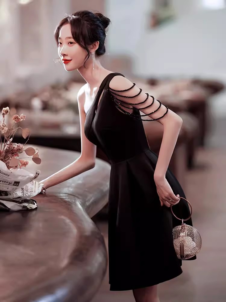 Black Women Short Cocktail Midi Evening Dress one Shoulder A-line Formal Prom Evening Party Ball Gown robe de soiree