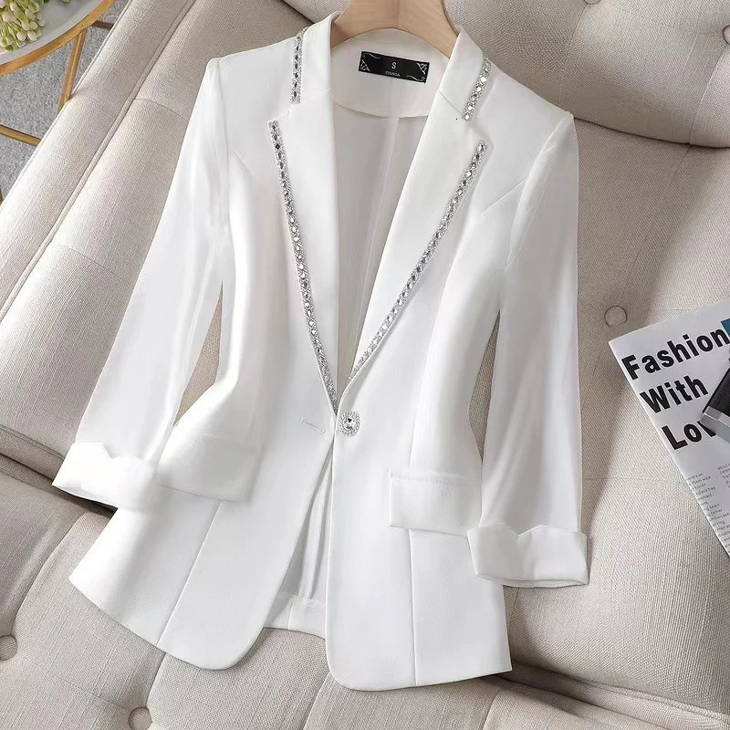 Women Blazer Jacket Three Quarter Sleeve Fashionable Temperament Thin Diamond Encrusted Suit Ladies Tops 240321