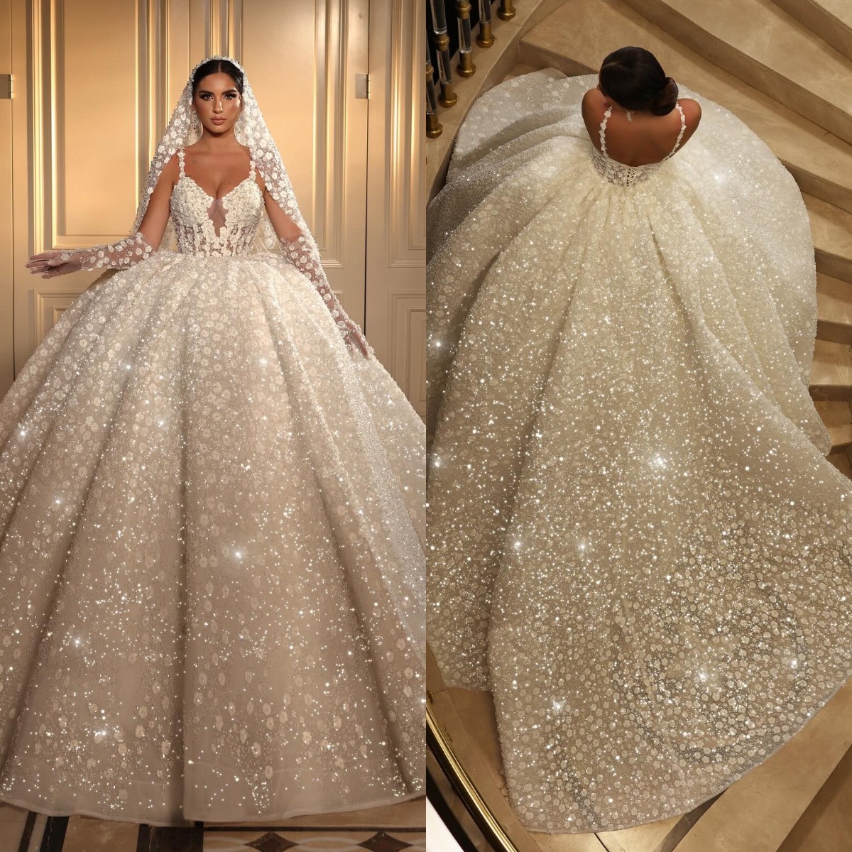 Stunning Crystal Ball Gown Wedding Dress For Bride Beading Lace Wedding Dresses Straps Vestido De Noiva Dubai Saudi Arabic Ruched Backless Bridal Gown