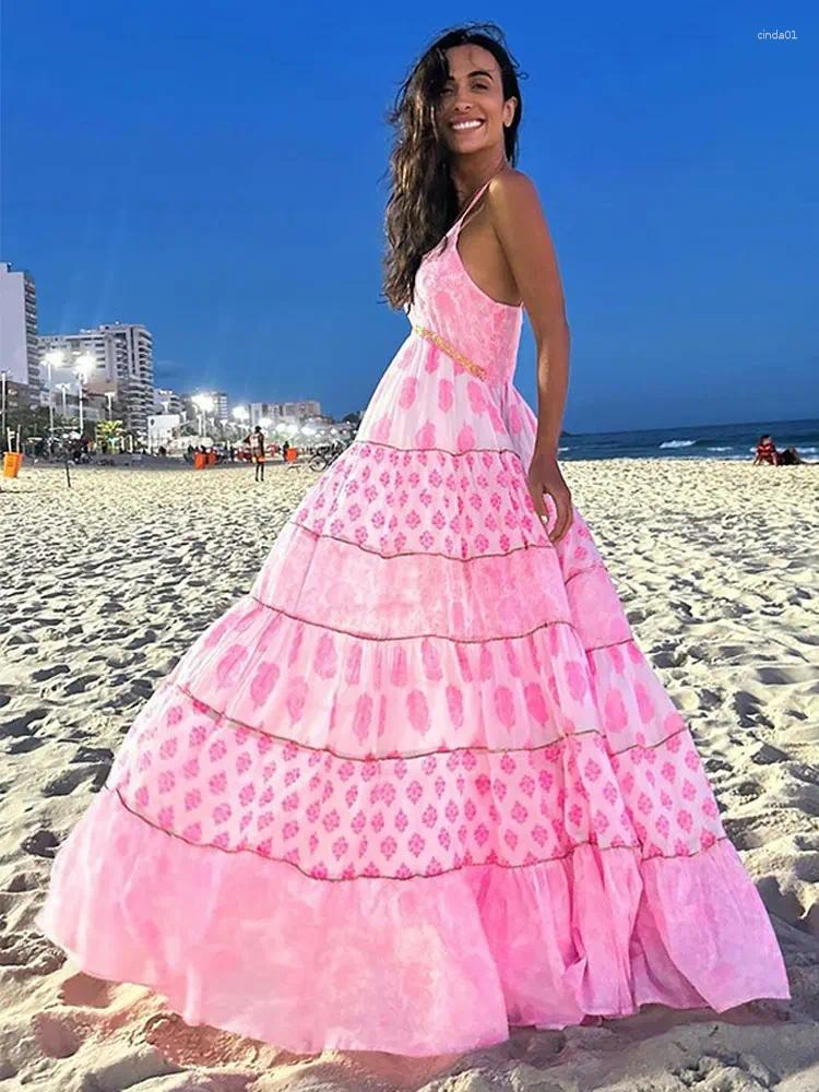 Casual Dresses Print Ruffles Oversized Hem Women Dress Fashion Loose Long Backless Sling Vestidos Spring Summer Beach Female Robe AA Discount for in-s