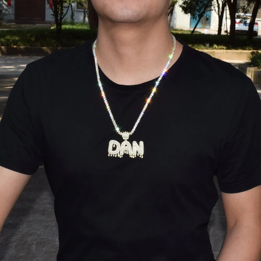 Bubble Letter Custom Name Necklace for Men Personalized Pendant Crown Drippy Charms Cubic Zircon Hip Hop Jewelry Iced Out 240309