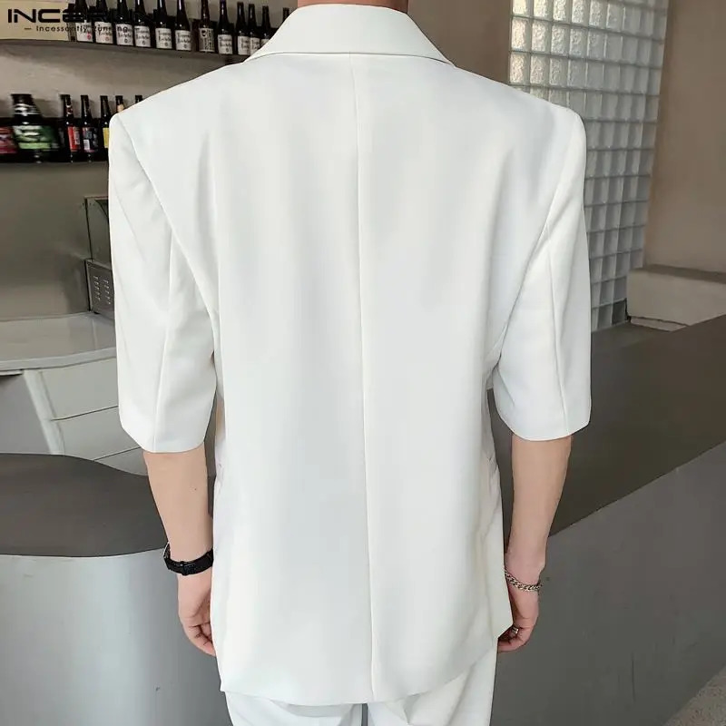 INCERUN Tops Korean Style Mens Silhouette Shoulder Pads Solid Blazer Casual Party Male All-match Short Sleeved Suit S-5XL 240318