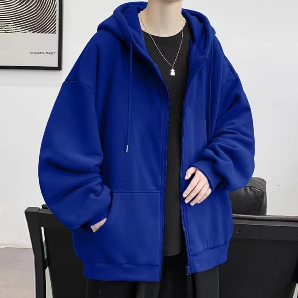 Fashion 5XL Mens Fleece Zipup Hoodie Solid Color Pockets Baggy Sweatshirt Plus Size Hoodies Man Clothing 240315