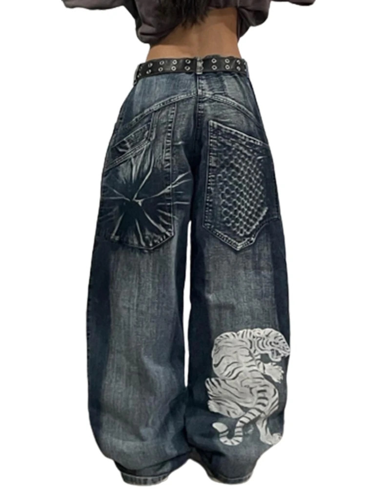 Gothic Y2K Baggy Jeans for Women Hip Hop Streetwear Blue Jeans Women Graphic Retro Jeans 90s Pants Harajuku High Waist Trouser 240315