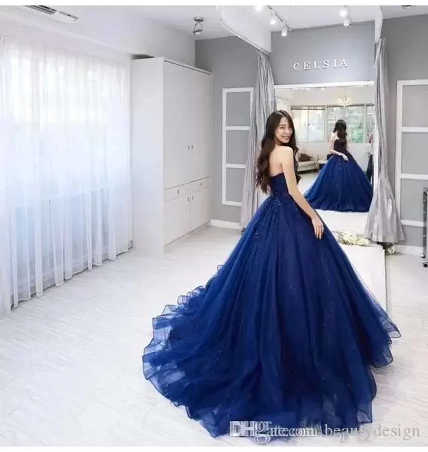 Strapless Prom Quinceanera Dress Vintage Navy Blue Lace Applique Ball Gown Formal Sweet 15 Party Bridal Dresses Bc2289