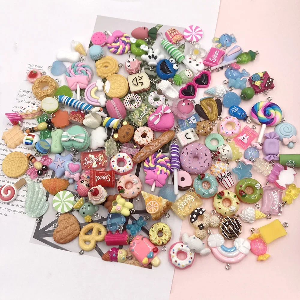 100Pcs Mixed Candy Cookies Donuts Luck Bags Resin Charms Flat back Cabochon for Necklace Earrings Jewelry Making Accessories 240309