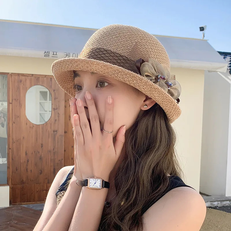 2023 Arrival Sun Hat Female Beach Sunscreen Cap For Women Summer Straw Foldable Breathable Knitted Bucket 240309