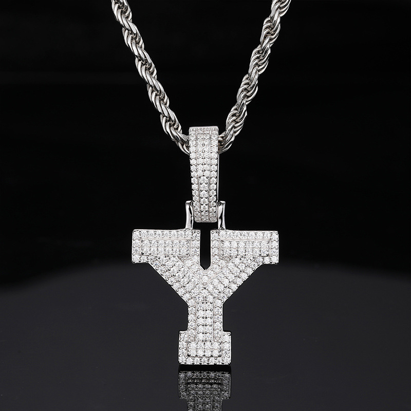 925 Sterling Silver Gold Plated Bling Moissanite A-Z Letter Pendant with 3mm 24inch Rope Chain Jewelry for Men Women Nice Gift