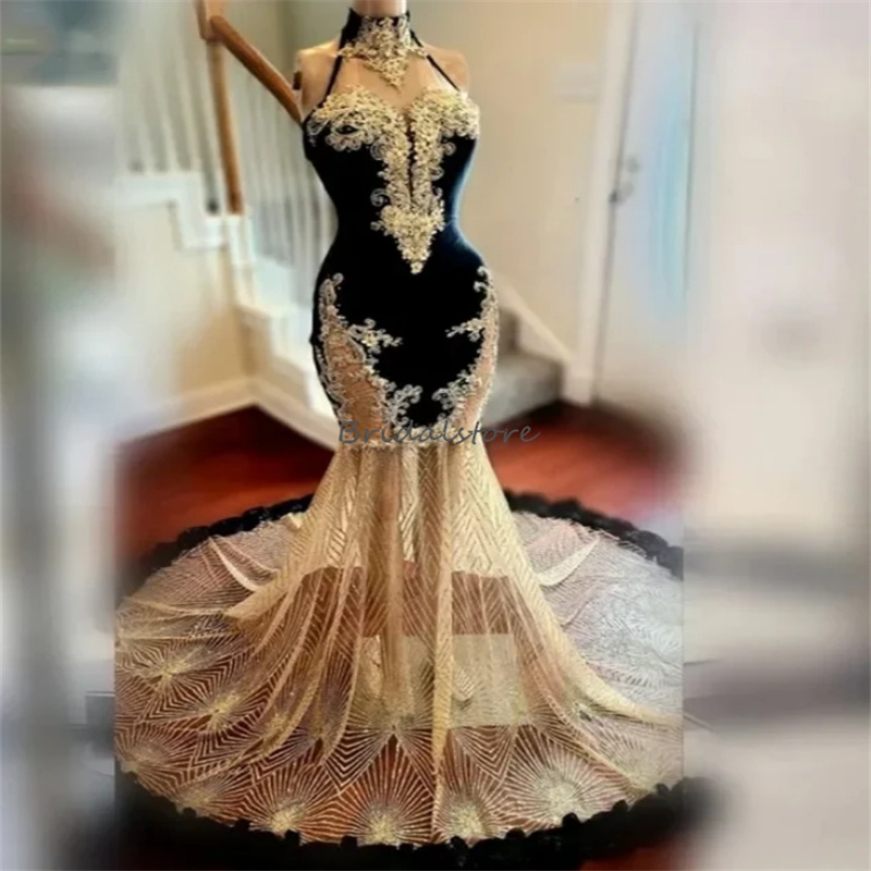 Sexy Gold Sequin Black Girl Prom Dresses 2024 Elegant Mermaid Gold Appliques Evening Dress Fishtail Special Occasion Formal Birthday Party Gowns vesti