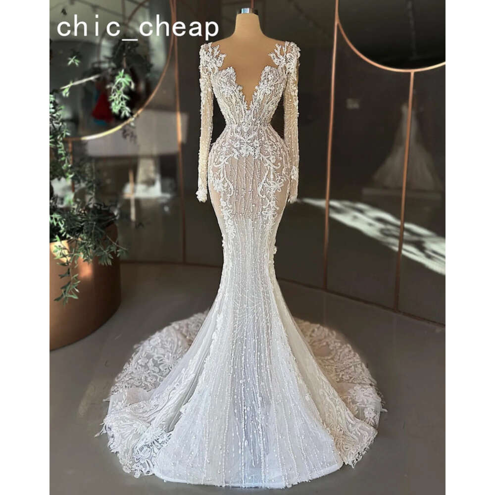 Aso Plus Arabic Ebi Size White Mermaid Lace Wedding Dress Pearls See Through Vintage Bridal Gowns Dresses ZJ Es