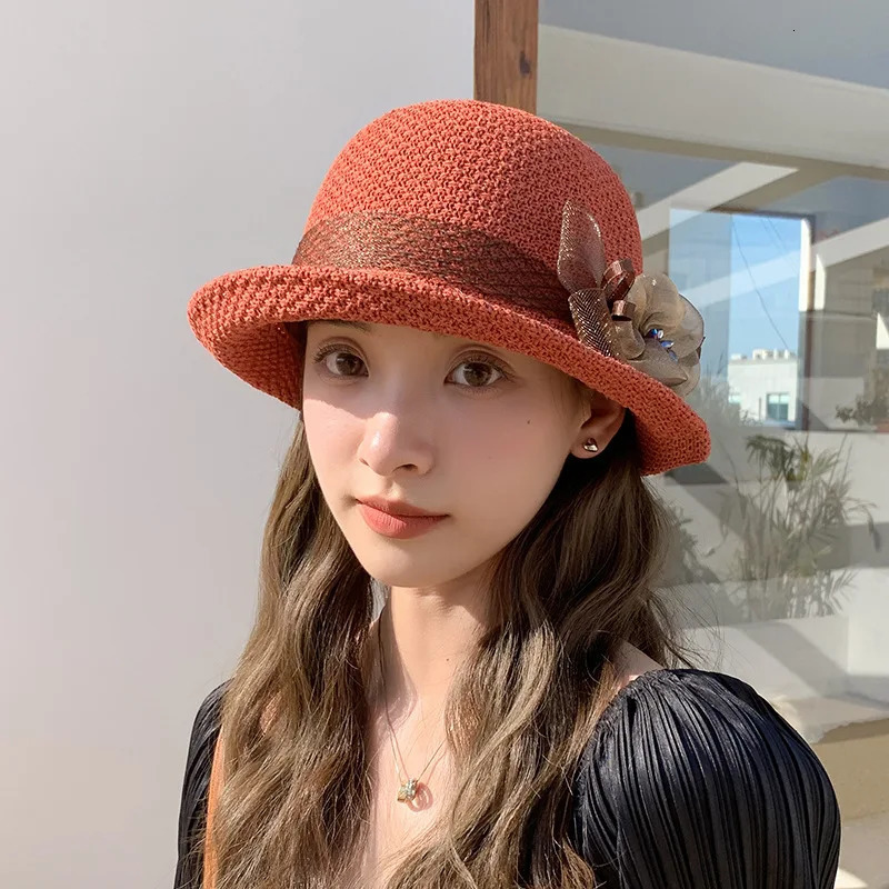 2023 Arrival Sun Hat Female Beach Sunscreen Cap For Women Summer Straw Foldable Breathable Knitted Bucket 240309