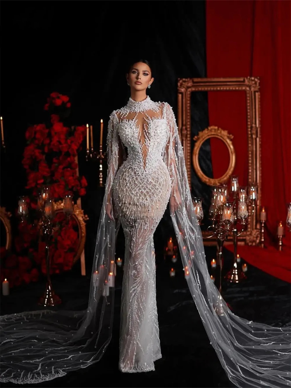 Vintage High Neck Mermaid Wedding Dresses Pearls Sequins Bridal Gowns Cape Sleeves Slim Illusion Custom Made Vestidos De Novia