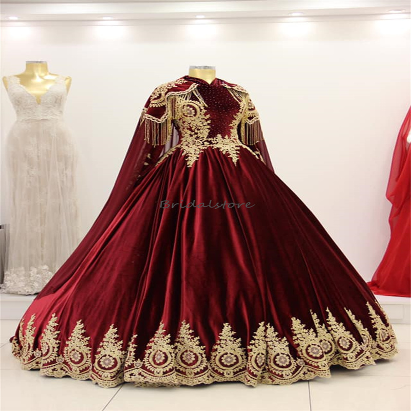 Luxury Green Red Muslimah Wedding Dress Turkish Islamic High Neck Muslim Bridal Gowns Beaded Gold Appliques Arabian Dubai Gothic Bride Dress Medieval 