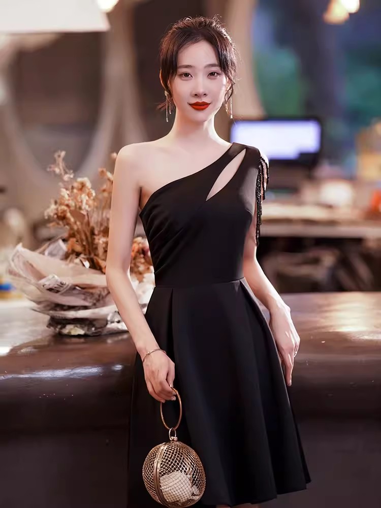 Black Women Short Cocktail Midi Evening Dress one Shoulder A-line Formal Prom Evening Party Ball Gown robe de soiree