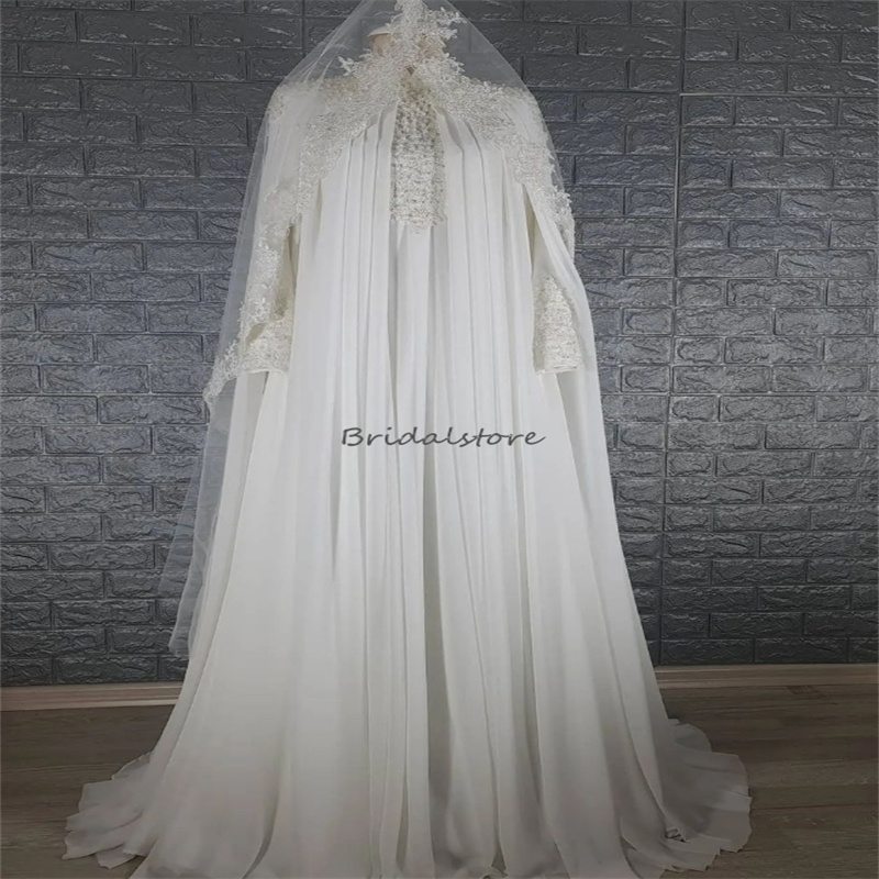 Luxury Beaded Muslim Wedding Dresses Dubai Arabic Long Sleeve Islamic Hispanic Country Bridal Dress 2024 Kaftan Chiffon Vestido Novia Appliques Lace c