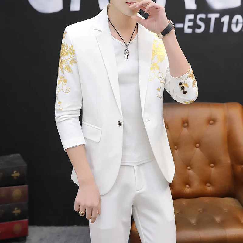 Mens Yellow Printed Suit Jacket and Trousers Spring Autumn Slim Men 2 Piece White Black Blazer Pants 240318