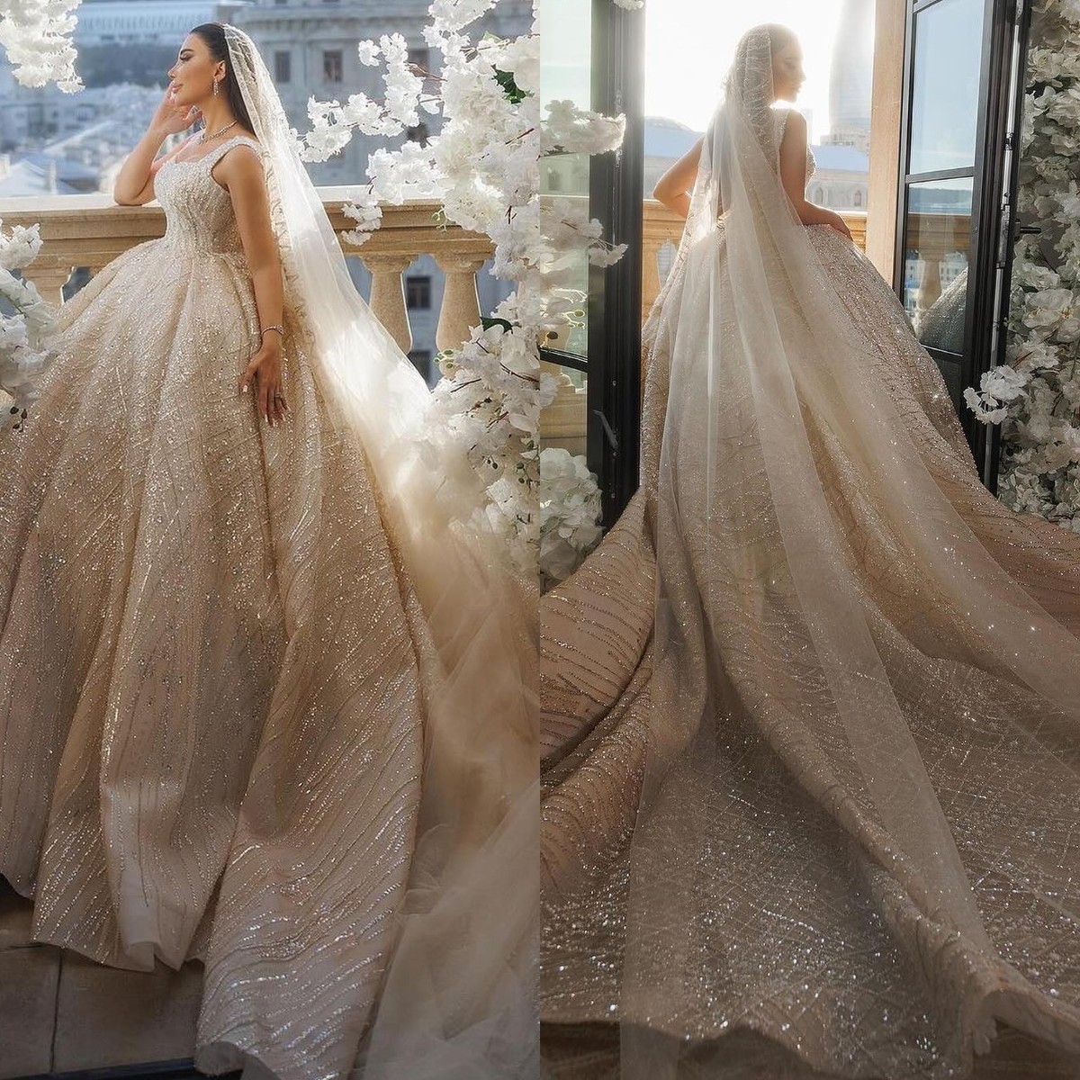 Gorgeous Crystal Ball Gown Dress For Bride Beading Wedding Dresses Straps Vestido De Noiva Dubai Saudi Arabic Robe Mariage Long Train Bridal Gowns Lz0