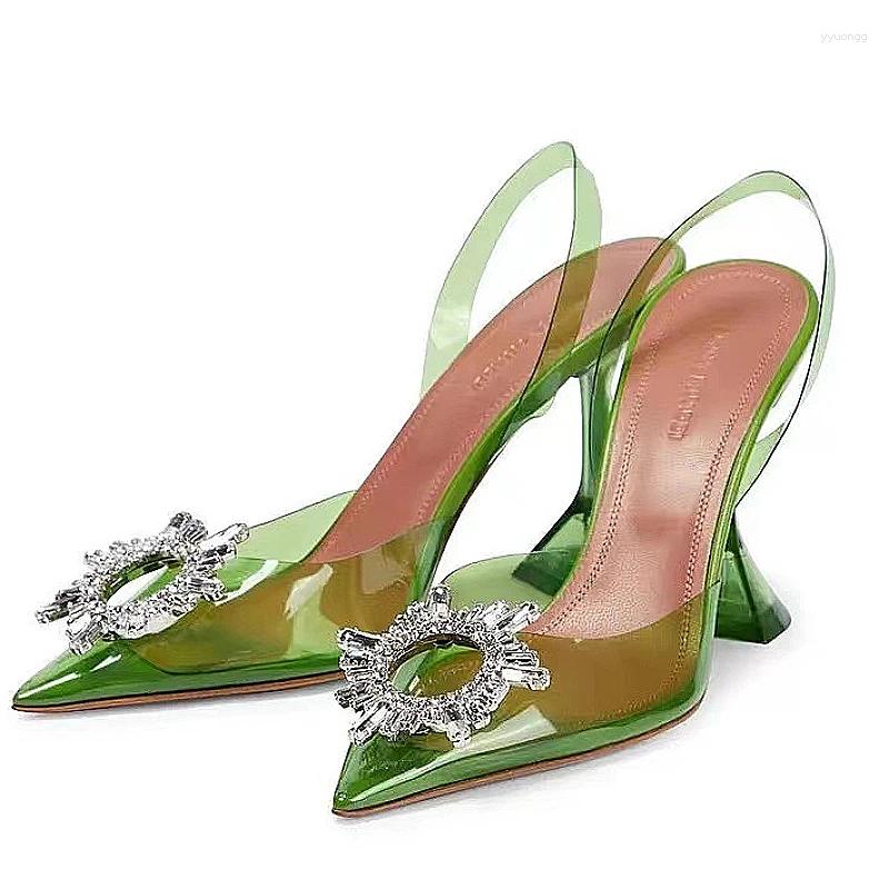 Dress Shoes 2024 Summer Fashion PVC Crystal High Heels Women's Wedding Rhinestone Buckle Pointed Transparent Stiletto Sandals