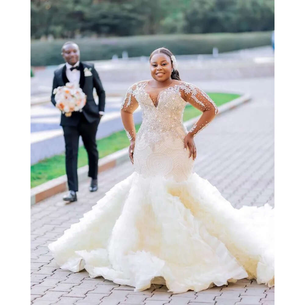Aso Oct Ebi Arabic Plus Size Ivory Mermaid Wedding Beaded Sequined Lace Bridal Gowns Dress ZJ 6660306