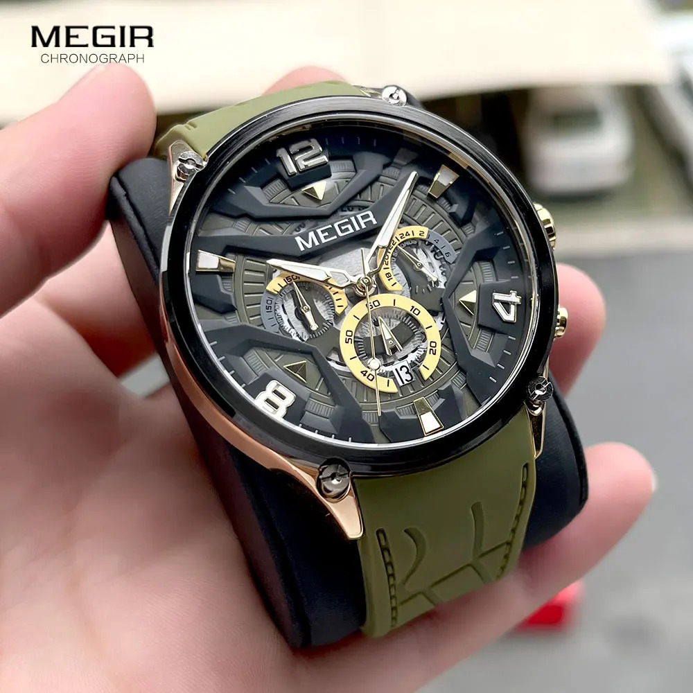 MEGIR Olive Green Sport Watch Men Fashion Silicone Strap Waterproof Chronograph Quartz Wristwatch with Auto Date Luminous Hands 240311