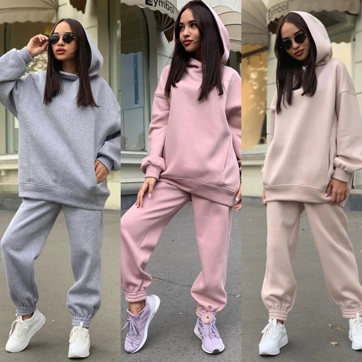 Winter Two Piece Sets Women Tracksuit Casual Suit Autumn Trouser Suits Female Sweatshirt Solid Sports Hoodie Sportswear 240325