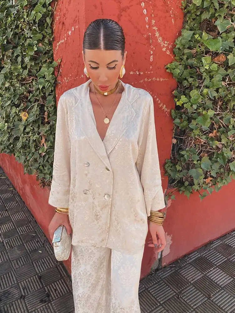 Elegant Fashion Print Womens 2 Piece Set Loose Lapel Double Breasted Blazer High Waist Pants Suit 2024 Spring Lady Chic Outfits 240314