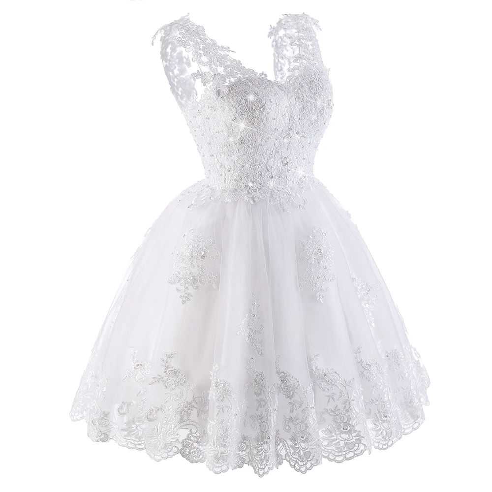 2024 Short Wedding Dress Women V-neck Lace Appliques Beaded Knee-Length Tulle Bridal Bride Party Gown Vestidos de Novias